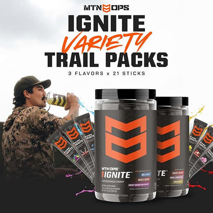 MTN OPS Ignite Sugar Free Energy Drink Powder Variety Pack with 200mg Caffeine, Travel Pre Workout Packets for to-Go Energy, Nootropic Blend, L Arginine & L Citrulline, Backcountry Flavors