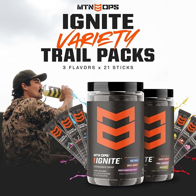 MTN OPS Ignite Sugar Free Energy Drink Powder Variety Pack with 200mg Caffeine, Travel Pre Workout Packets for to-Go Energy, Nootropic Blend, L Arginine & L Citrulline, 21 Servings, Core Flavors