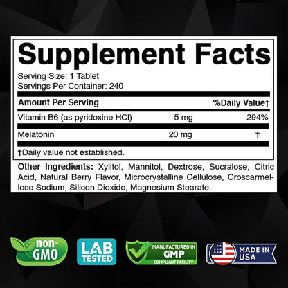 Melatonin 20 mg - 240 Fast Dissolve Tablets - Drug Free - Natural Berry Flavor - Vegetarian, Non-GMO, Gluten Free 240 Count (Pack of 3)