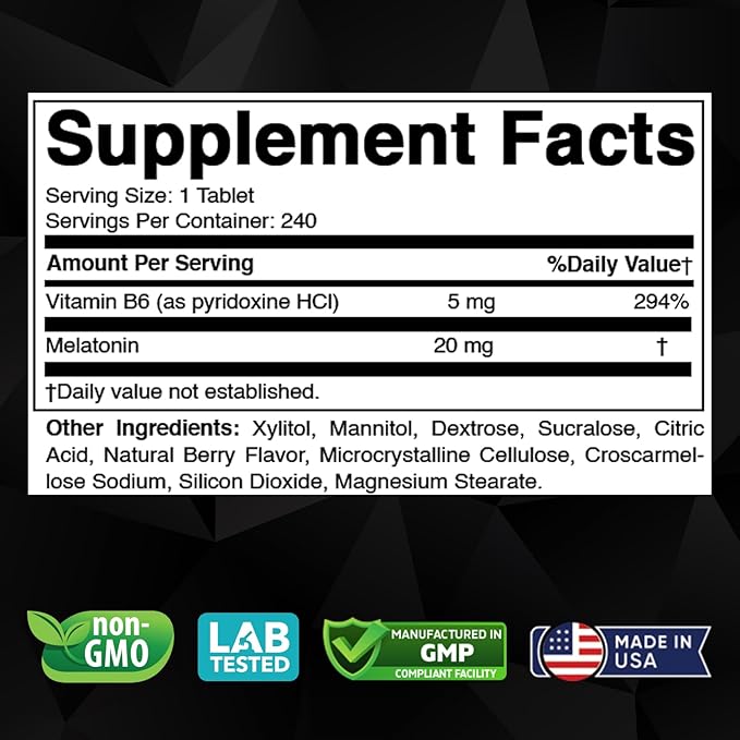 Melatonin 20 mg - 240 Fast Dissolve Tablets - Drug Free - Natural Berry Flavor - Vegetarian, Non-GMO, Gluten Free 240 Count (Pack of 2)