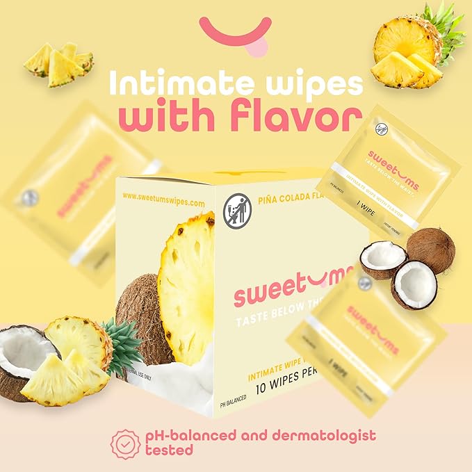 Sweetums Feminine Wipes For Women, Individually Wrapped - pH Balanced Flavored Intimate Wipes - Pack of 10 (Pina Colada)