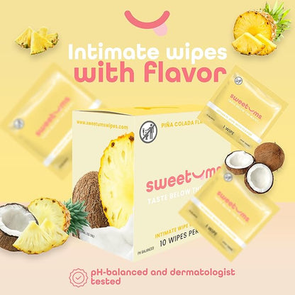 Sweetums Feminine Wipes For Women, Individually Wrapped - pH Balanced Flavored Intimate Wipes - Pack of 10 (Pina Colada)