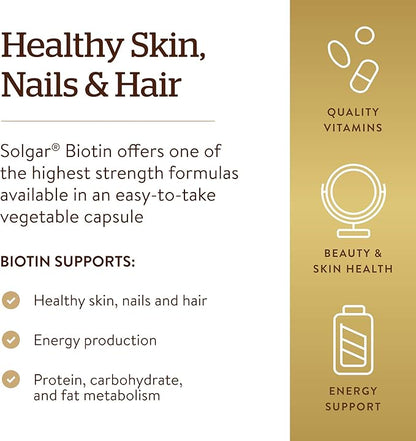 Solgar Biotin 10,000 mcg, 60 Vegetable Capsules - Energy, Metabolism, Promotes Healthy Skin, Nails & Hair - Super High Potency - Non-GMO, Vegan, Gluten Free, Dairy Free, Kosher - 60 Servings