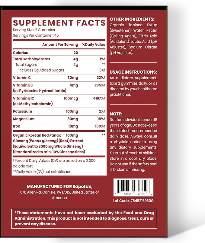 Sapotax Korean Red Panax Ginseng Supplement Gummies - 180 Count