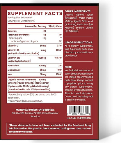 Sapotax Korean Red Panax Ginseng Supplement Gummies - 180 Count