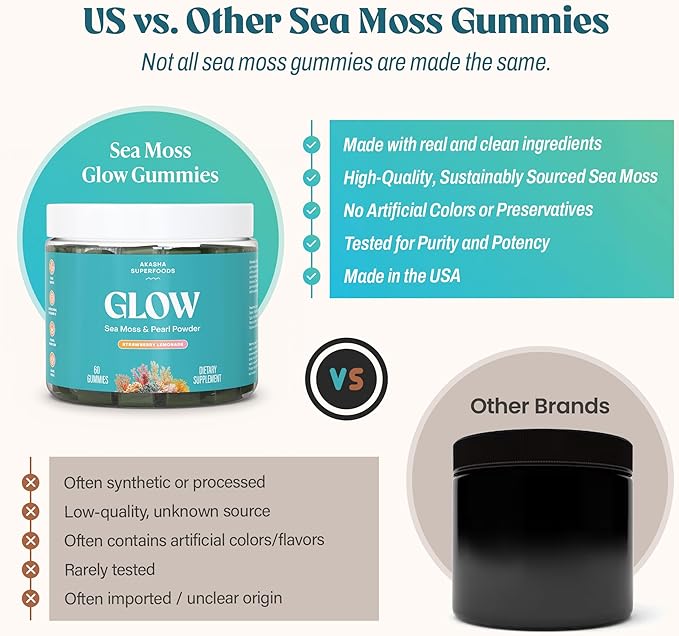 Akasha Superfoods Sea Moss Glow Gummies, Hair, Skin & Nails Vitamins with Seamoss, Pearl Powder, Vitamin E, Aloe Vera, Liposomal Vitamin C, and Irish Sea Moss, Gummies for Women & Men, 60 Count