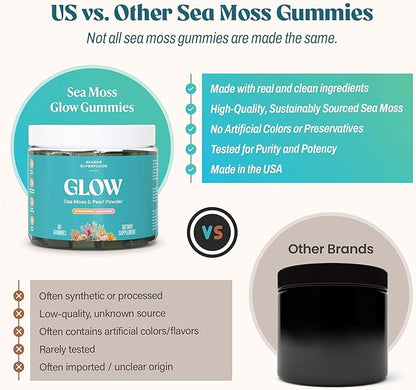 Akasha Superfoods Sea Moss Glow Gummies, Hair, Skin & Nails Vitamins with Seamoss, Pearl Powder, Vitamin E, Aloe Vera, Liposomal Vitamin C, and Irish Sea Moss, Gummies for Women & Men, 60 Count