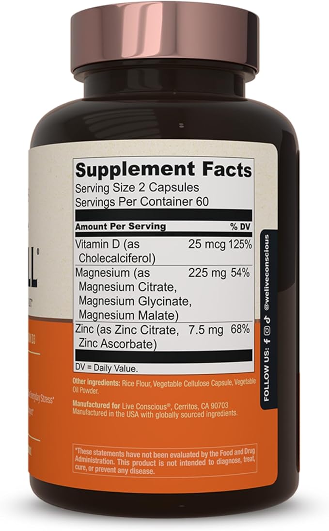 Live Conscious Magnesium Zinc & Vitamin D3 - Bioavailable Forms of Magnesium - Malate, Glycinate, Citrate - MagWell Bone & Heart Health, Immune System Support - 120 Capsules (2-Pack)