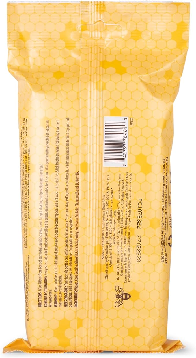 Burt's Bees for Pets Kitten Grooming Wipes with Buttermilk and Honey, Waterless Cat Bath Wipes for Face, Paws, Tail and Coat Cleaning, Gentle Bath Alternative for Indoor Felines, 50 Count
