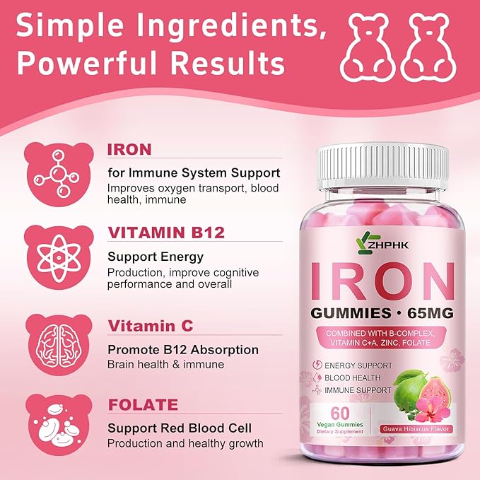 ZHPHK Iron Gummies for Women Men Vitamin Supplement 65mg & Vitamin C 250mg Per Serving with B6 B12 Folate- Energy Support for Iron Deficiency, Anemia, Vegan Guava Hibiscus Flavor, 120 Count