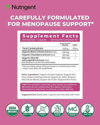 USDA Organic KSM-66 Ashwagandha, Vitex Berry & Black Cohosh, Menopause Support Supplement for Women, Natural Relief for Hot Flashes, Night Sweats & Mood Swings, Hormone-Free (60 CT)