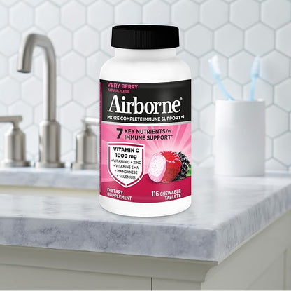 Airborne Vitamin C 1000mg (per Serving) - Very Berry Chewable Tablets (116 Count in a Bottle), Gluten-Free Immune Support Supplement, with Vitamins A C E, Zinc, Selenium, Ginger, Antioxidants