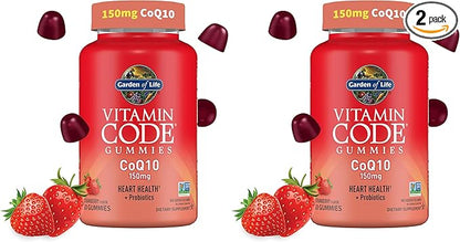 Garden of Life Vitamin Code CoQ10 Gummies 150 mg, Coenzyme Q10 for Heart Health, Energy Production & Healthy Aging & Probiotics for Digestion, Non-GMO, Gluten-Free, 60 Strawberry Gummies,(Pack of 2)