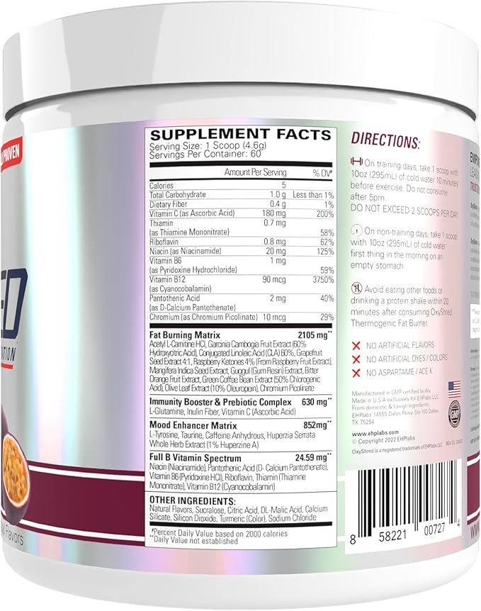 EHP Labs OxyShred Pre Workout Powder & Shredding Supplement - Preworkout Powder with L Glutamine & Acetyl L Carnitine, Energy Boost Drink - Passionfruit, 60 Servings