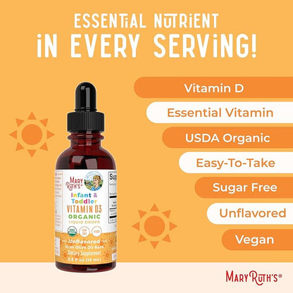 MARYRUTH'S USDA Organic Vitamin D Drops | Vitamin D3 Liquid | Sugar Free | Liquid Vitamin D Drops Immune Support for Infants & Toddlers | VIT D3 | Gluten Free | Non-GMO | 90-150 Servings