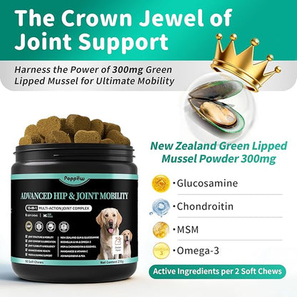 Advanced Dog Joint Supplement – 15-in-1 Glucosamine for Dogs with Chondroitin, MSM & Green Lipped Mussel – Hip & Joint Pain Relief Mobility Chews, Chicken Flavor, 90Ct Breeds