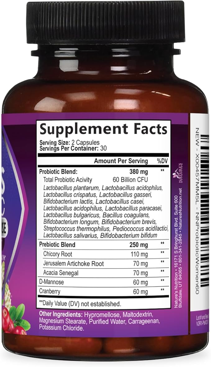 Probiotics 60 Billion CFU Per Serving for Women - 16 Unique Strains, Prebiotics Cranberry & Lactobacillus, PH Balance, Digestive & Gut Health, Vaginal & Immune Support, Women's Probiotic - 60 Capsules