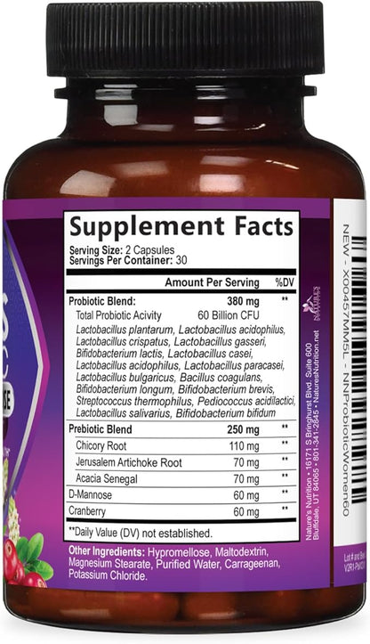 Probiotics 60 Billion CFU Per Serving for Women - 16 Unique Strains, Prebiotics Cranberry & Lactobacillus, PH Balance, Digestive & Gut Health, Vaginal & Immune Support, Women's Probiotic - 60 Capsules