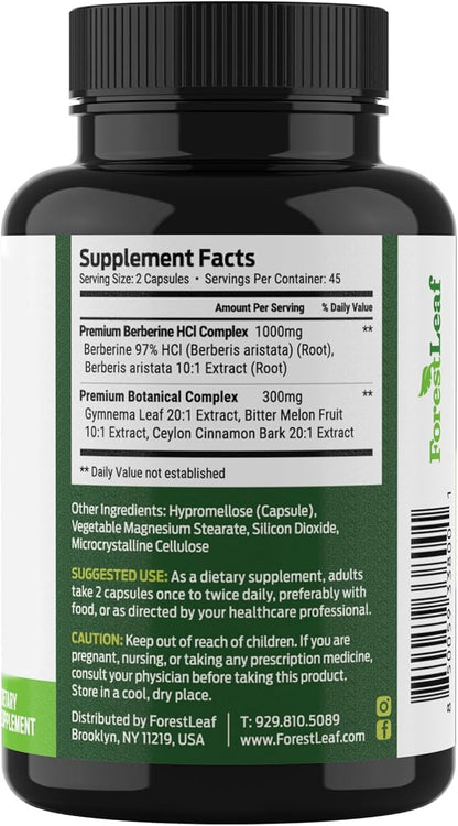 ForestLeaf Berberine Supplement - 1300mg per Serving - Ultra High Potency Berberine HCl with Ceylon Cinnamon, Bitter Melon & Gymnema - Weight Management Support - 90 Caps
