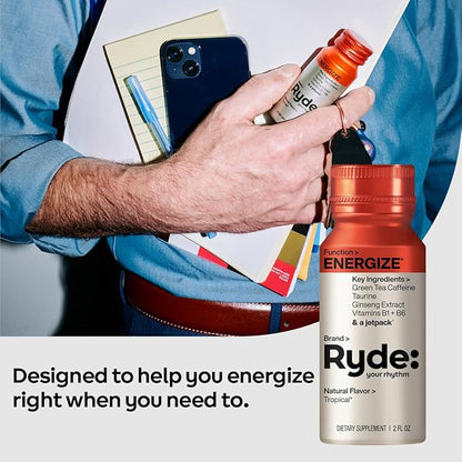 Ryde: Energize Shot | Tropical Flavor | Green Tea Caffeine, Taurine, Ginseng Extract & B Vitamins | 0 Calories, 0 Sugar | 2 FL OZ Shots | Boosts energy* (24 Pack)