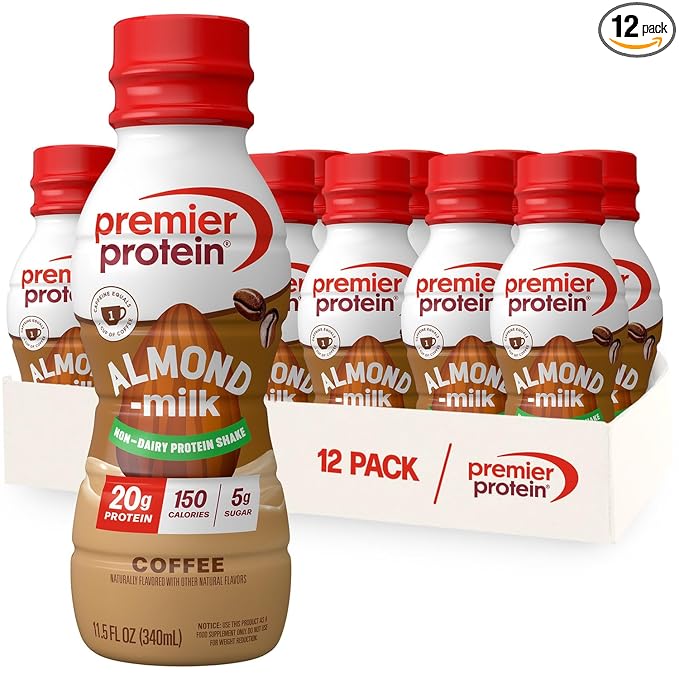 Premier Protein Non-Dairy Plant Based Almondmilk Protein Shake, Coffee with Caffeine for Energy – 20g Protein, 5g Sugar, 11.5 Fl oz, 12 Count