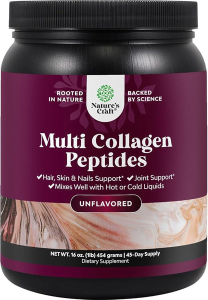 Natures Craft Multi Collagen Protein Powder for Women and Men - Keto Hydrolyzed Collagen Peptides 45 Servings Hair Skin and Nails Vitamins - Unflavored Bovine Type 1 3 for Bone Joint Support - 454g