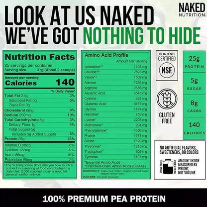 NAKED Vanilla Pea Protein Isolate from North American Farms, Only 3 Ingredients, Vanilla Vegan Protein, NSF Certified, Gluten-Free, Soy Free, GMO Free - 2LB