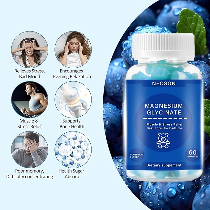 Magnesium Glycinate Gummies 500mg, Sugar-Free for Adults & Kids, Magnesium Gummies for Sleep, Stress & Muscle Relief, Supports Bone & Nerve Health, Vegan, 60 Count, Blueberry Flavor
