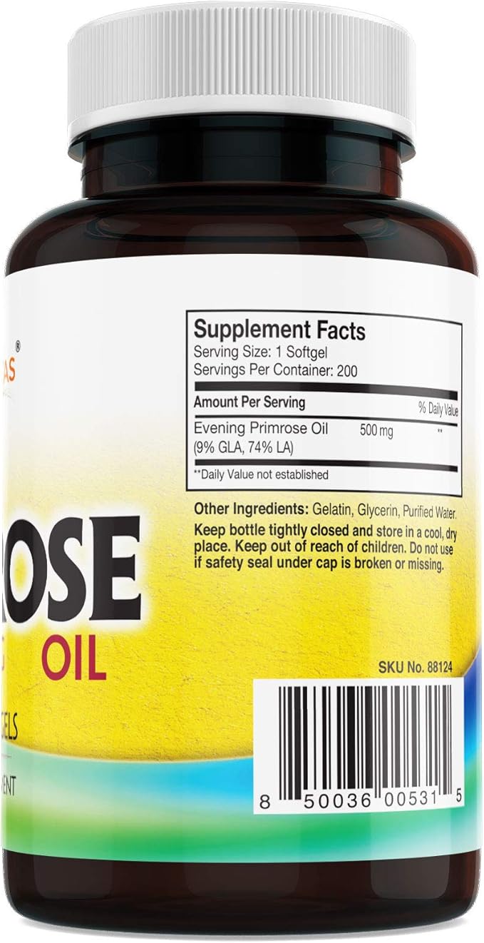 Evening Primrose Oil 500mg, 200 Softgels, Cold-Pressed with 45mg GLA, Non-GMO, Made in USA, Supports Women’s Hormonal Balance & Skin Health