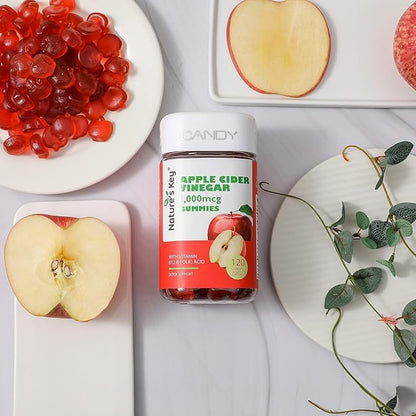 Nature's Key Apple Cider Vinegar Gummies 120 Count ACV Gummy with Folic Vitamin B6 B12 Beetroot & Pomegranate - Vegan, Non-GMO & Gluten-Free