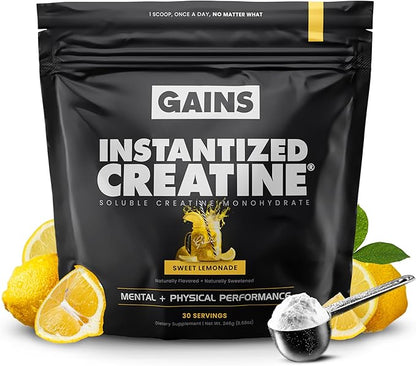 Gains in Bulk Instantized Creatine Monohydrate for Men & Women, Soluble Pre Workout Powder, Supports Muscle Building, Strength and Performance, Bodybuilding Supplements, Sweet Lemonade, 30 Servings