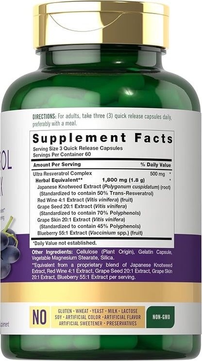 Carlyle Resveratrol Complex - 180 Capsules - Trans Resveratrol Supplement with Grape Seed Extract - Non GMO, Gluten Free