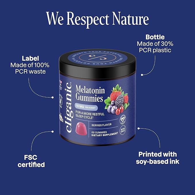 Cliganic Melatonin Gummies (10 mg, 120-Day Supply) - Adult Sleep Aid, Berry Flavor, Vegan, Non-GMO, Kosher, Gluten-Free Supplement, Helps Regulate Circadian Rhythm & Promotes Peaceful Nights