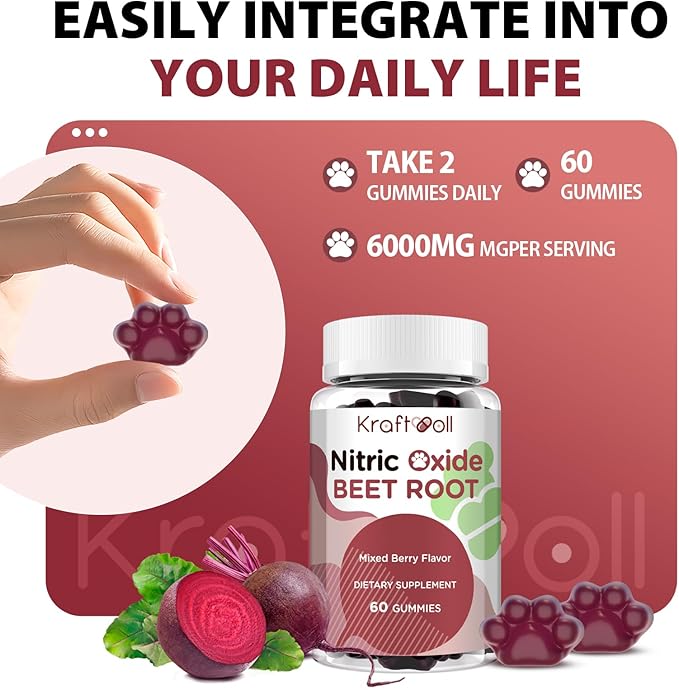 Beet Root Gummies 6000mg – Nitric Oxide Booster with Grape Seed, Pomegranate, Vitamins C & B12 – Nitric Oxide Supplements for Men – Mixed Berry Flavor – 60 Gummies