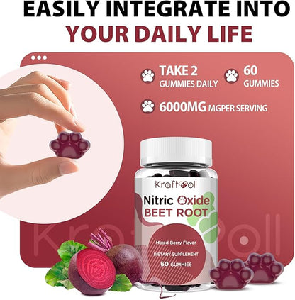 Beet Root Gummies 6000mg – Nitric Oxide Booster with Grape Seed, Pomegranate, Vitamins C & B12 – Nitric Oxide Supplements for Men – Mixed Berry Flavor – 60 Gummies