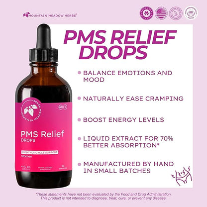 Mountain Meadow Herbs PMS Relief Drops | Liquid Herbal Supplement for Menstrual Period Discomfort | Hormonal Support for PMS Cramps, Mood Swings & Acne with Chaste Tree Berry (Vitex) & Wild Yam 4oz