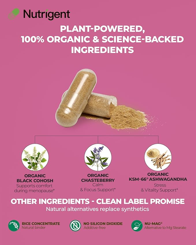 USDA Organic KSM-66 Ashwagandha, Vitex Berry & Black Cohosh, Menopause Support Supplement for Women, Natural Relief for Hot Flashes, Night Sweats & Mood Swings, Hormone-Free (60 CT)