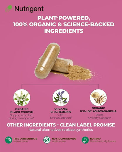 USDA Organic KSM-66 Ashwagandha, Vitex Berry & Black Cohosh, Menopause Support Supplement for Women, Natural Relief for Hot Flashes, Night Sweats & Mood Swings, Hormone-Free (60 CT)