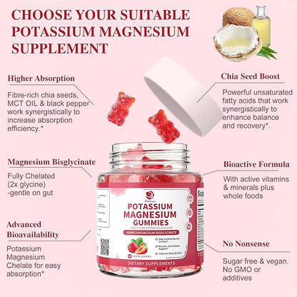 (2 Pack) Magnesium Potassium Supplement Gummies - New Formula Calm Magnesium Bisglycinate Gummies & Plant Potassium Plus Chia Seeds, B6, D3, K2 & Calcium for Sleep, Leg Cramps & Muscle -Vegan,60 Count