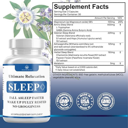 Relaxation Sleep Aid, Natural Non-Habit Forming, Sleep Supplement Developed to Support for Longer & Better Sleep, Chamomile, Magnesium, Melatonin, Ashwagandha, GABA, Drug-Free (120 Count)