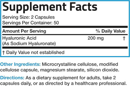 Bronson Hyaluronic Acid 200 MG High Potency Joint Health & Healthy Skin Support, Non-GMO, 100 Vegetarian Capsules