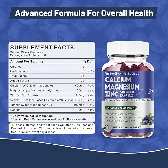 Calcium Magnesium Zinc Gummies with Vitamin D3 & K2 for Bone, Muscle & Immune Support - High Potency Enhanced Absorption - 60 Blueberry Gummies