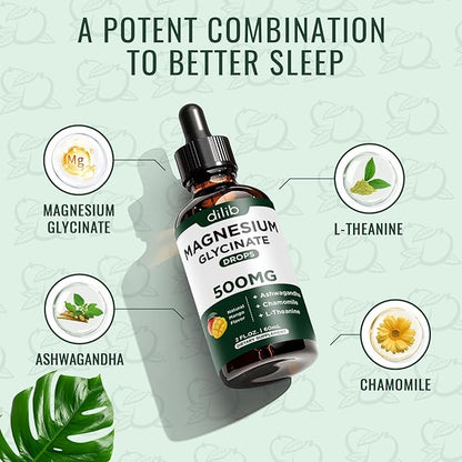 Magnesium Glycinate Liquid Drops Supplement, with Magnesium Glycinate 500mg Ashwagandha, L - Theanine, Chamomile -Support Stress Relief, Bone, Muscle, Mood Mango Flavor 2Pack