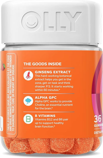 OLLY Laser Focus Gummy, Ginseng, Alpha GPC, B Vitamins, Berry Tangerine Flavor - 36 Count