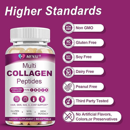 Multi Collagen Peptides Softgel for Women & Men - Type I, II, III, V, X - Hydrolyzed Collagen Peptides with Biotin, Vitamin C & Hyaluronic Acid - Support Skin Hair Nail & Joint - Non GMO, 240 Softgel