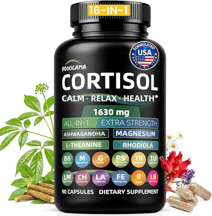 Cortisol Supplements for Women and Men, High Cortisol Reducer with Ashwagandha, Magnesium, Rhodiola, & L-Theanine-Supports Cortisol Calm, Sleep & Stress Relief–90 Capsules