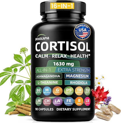 Cortisol Supplements for Women and Men, High Cortisol Reducer with Ashwagandha, Magnesium, Rhodiola, & L-Theanine-Supports Cortisol Calm, Sleep & Stress Relief–90 Capsules