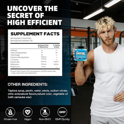 Creatine Monohydrate Gummies,Complex 9000 MG for Men & Women,Pre-Workout Gummies with BCAA, L-Carnitine, Taurine & Vitamin B12 for Enhanced Strength, Energy & Muscle Growth,0 Sugar, Vegan-120 Count