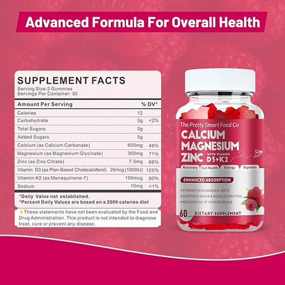 Calcium Magnesium Zinc Gummies with Vitamin D3 & K2 for Bone, Muscle & Immune Support - High Potency Enhanced Absorption - 60 Raspberry Gummies