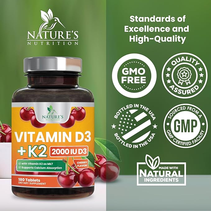 Vitamin D 2000 IU 50mcg Per Tablet - Vitamins D3 & K2 (MK7) Complex Supplement for Bone, Teeth, Muscle, Calcium Absorption, Supports Immune & Heart Health, Chewable Formula USA Bottled - 180 Tablets